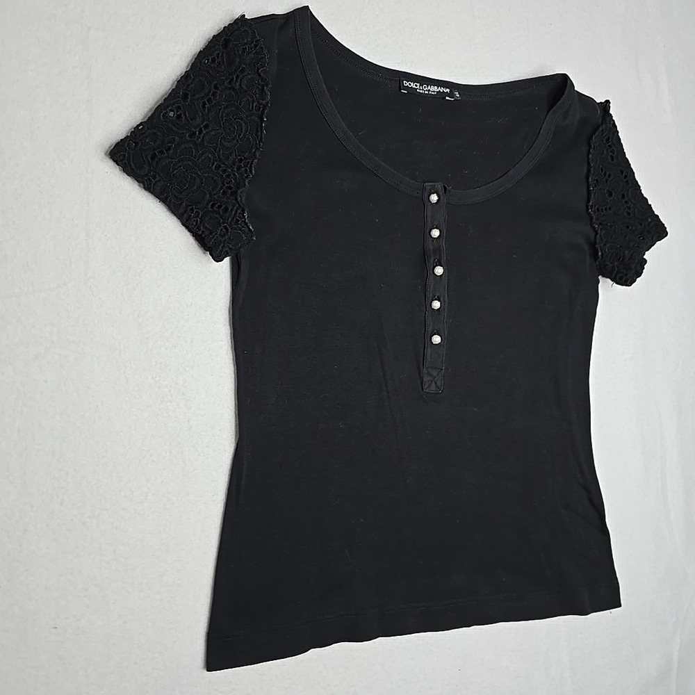 Dolce & Gabbana Women Black Shirt Size 44 Pearl Button Closure Lace Sleeve  US 8 - Picture 4 of 12